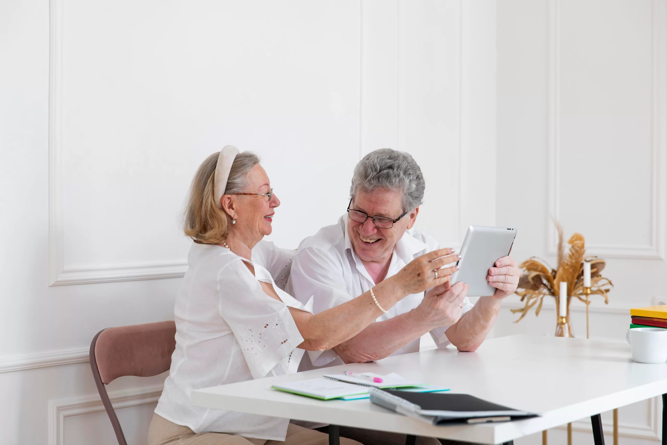 beautiful grandparents couple learning use digital device