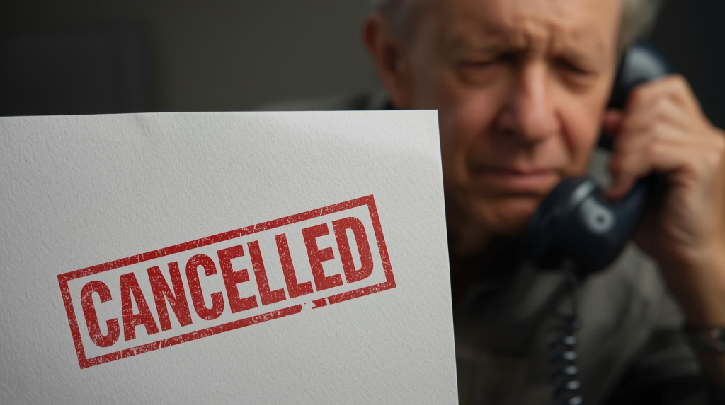 image paper with cancelled stamp + concerned senior on phone. (1)