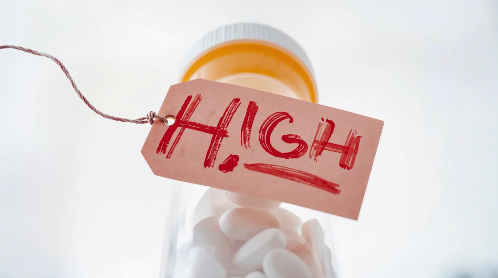 prescription bottle with written high price tag.