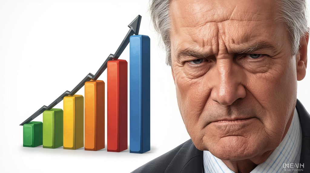 rising bar chart next to a worried senior.