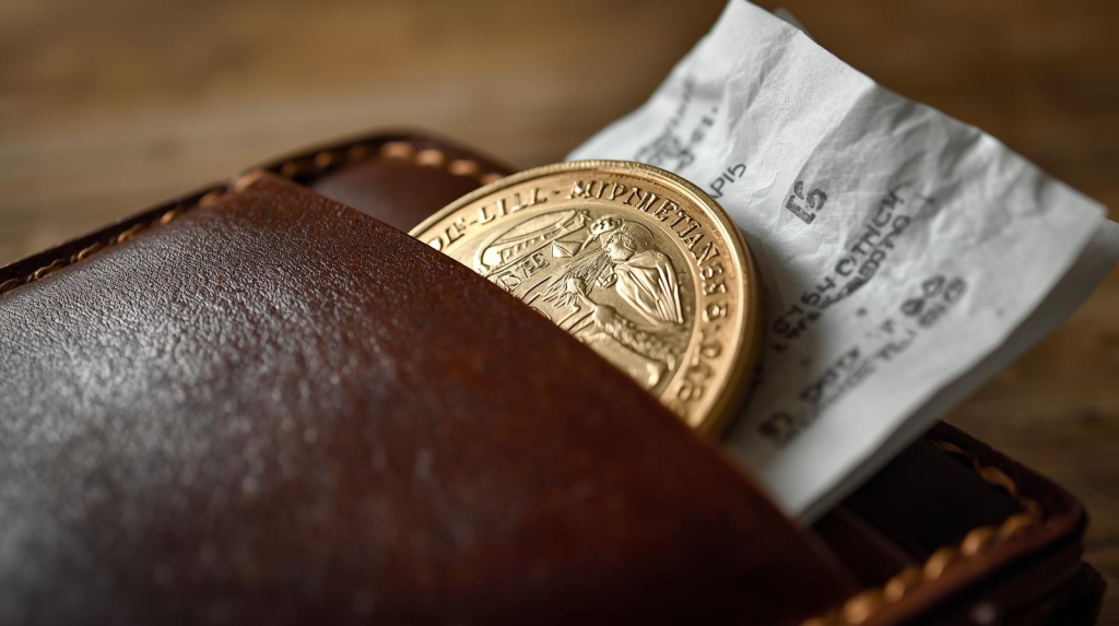 wallet with oversized coin or receipt.